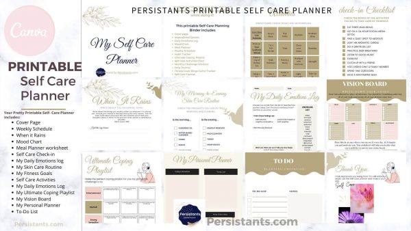 Persistants Pretty Printable Self Care Planner Showcase of what you get