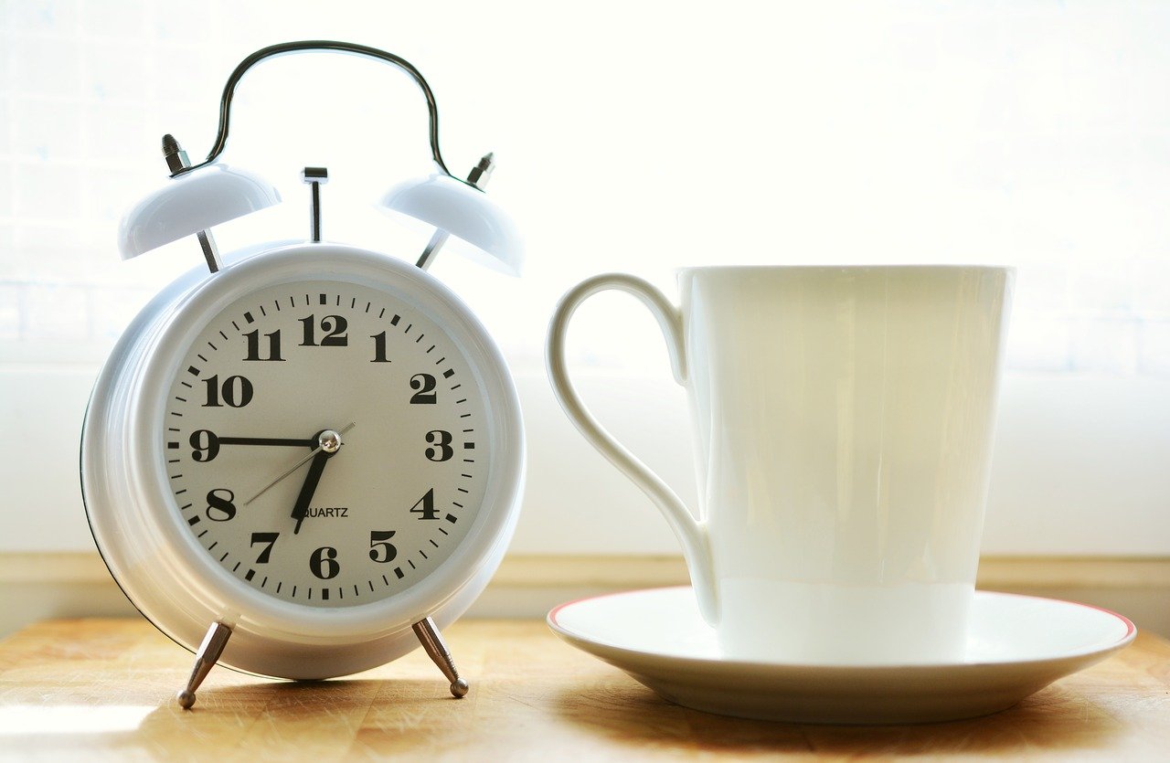 time alarm clock, cup, morning