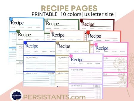 Printable Recipe Pages Collection of 10 different colors