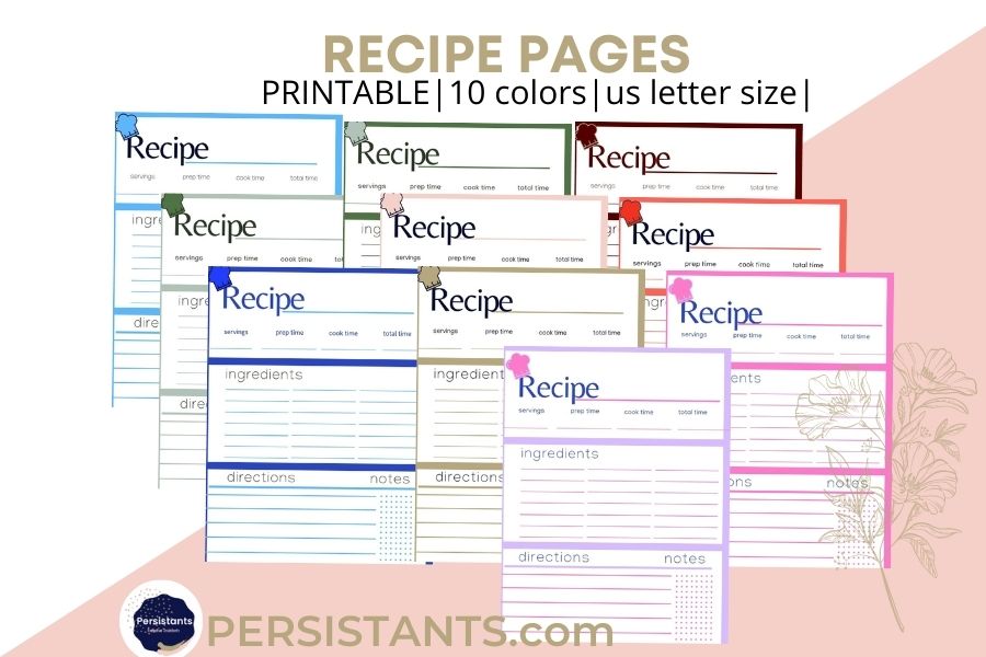 Printable Recipe Pages Collection of 10 different colors